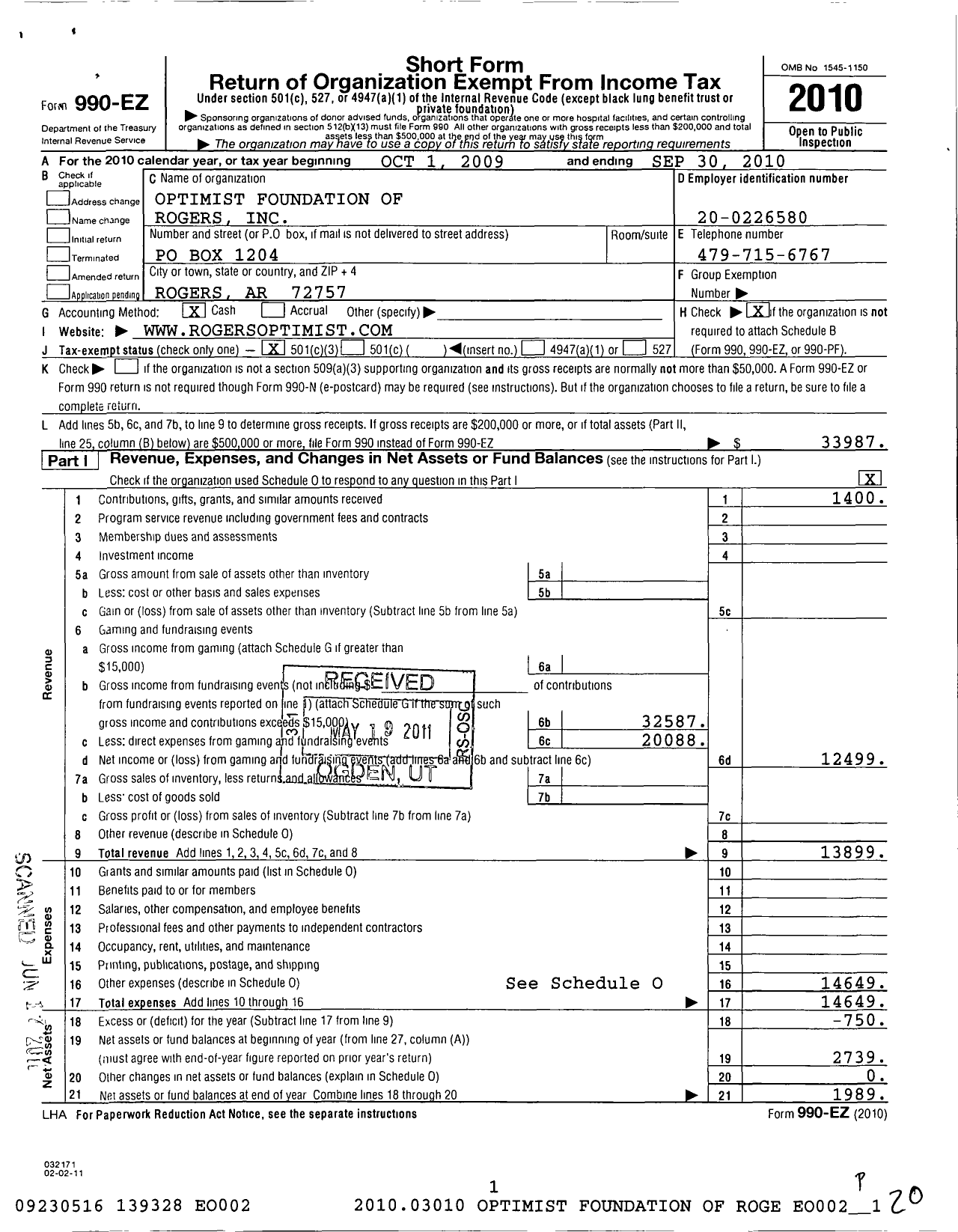 Image of first page of 2009 Form 990EZ for Optimist Foundation of Rogers Arkansas