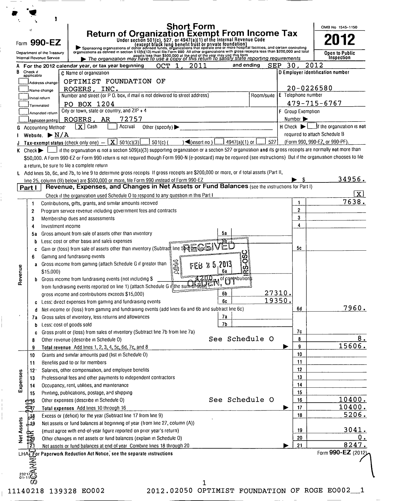 Image of first page of 2011 Form 990EZ for Optimist Foundation of Rogers Arkansas