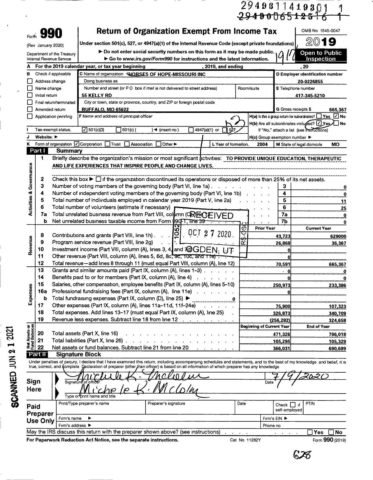 Image of first page of 2019 Form 990 for Horses of Hope Missouri
