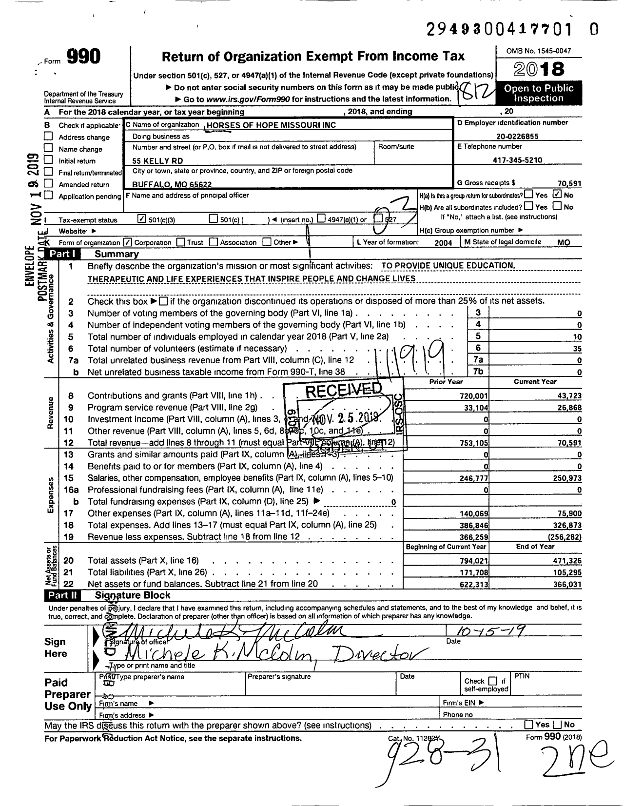 Image of first page of 2018 Form 990 for Horses of Hope Missouri