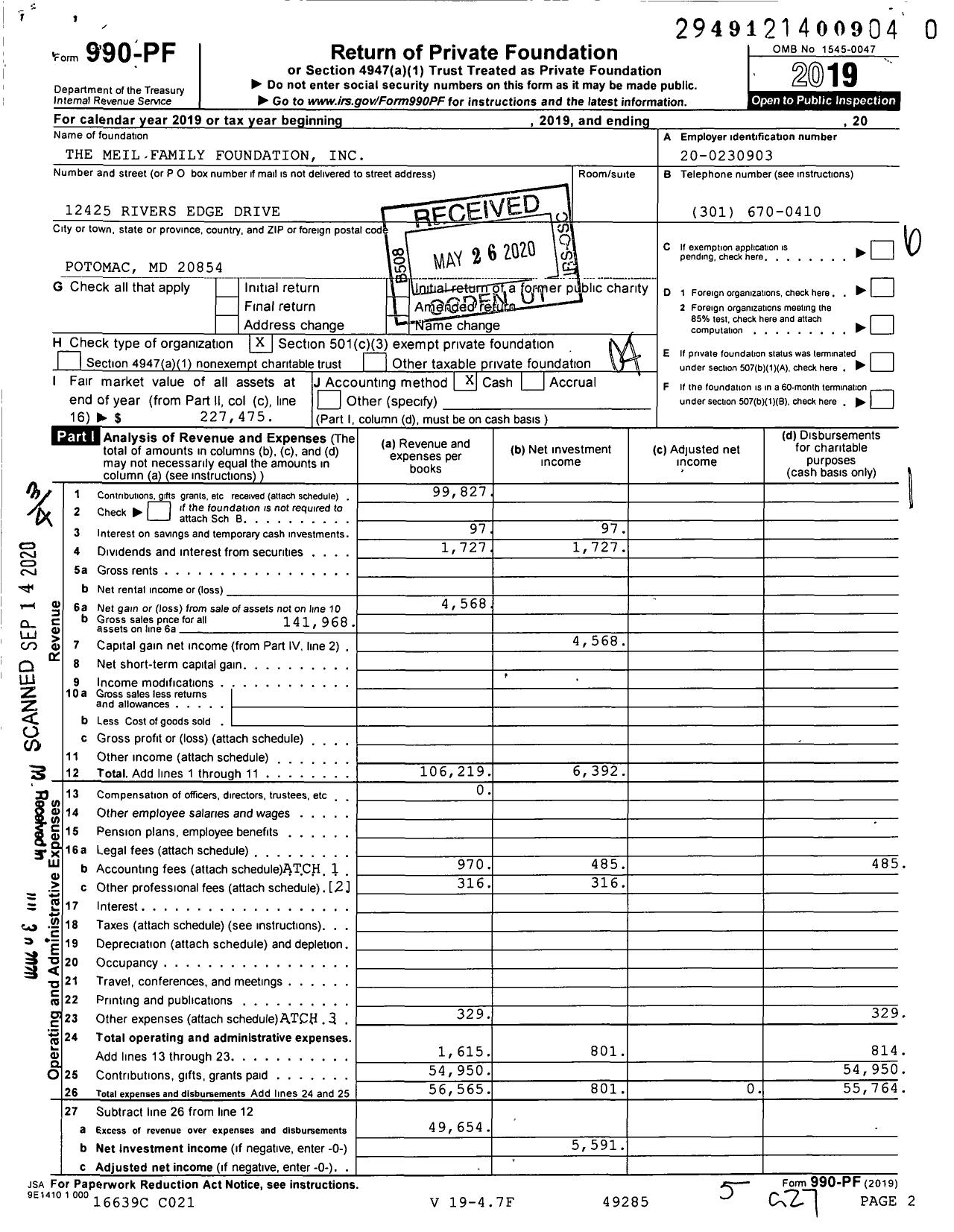 Image of first page of 2019 Form 990PR for The Meil Family Foundation