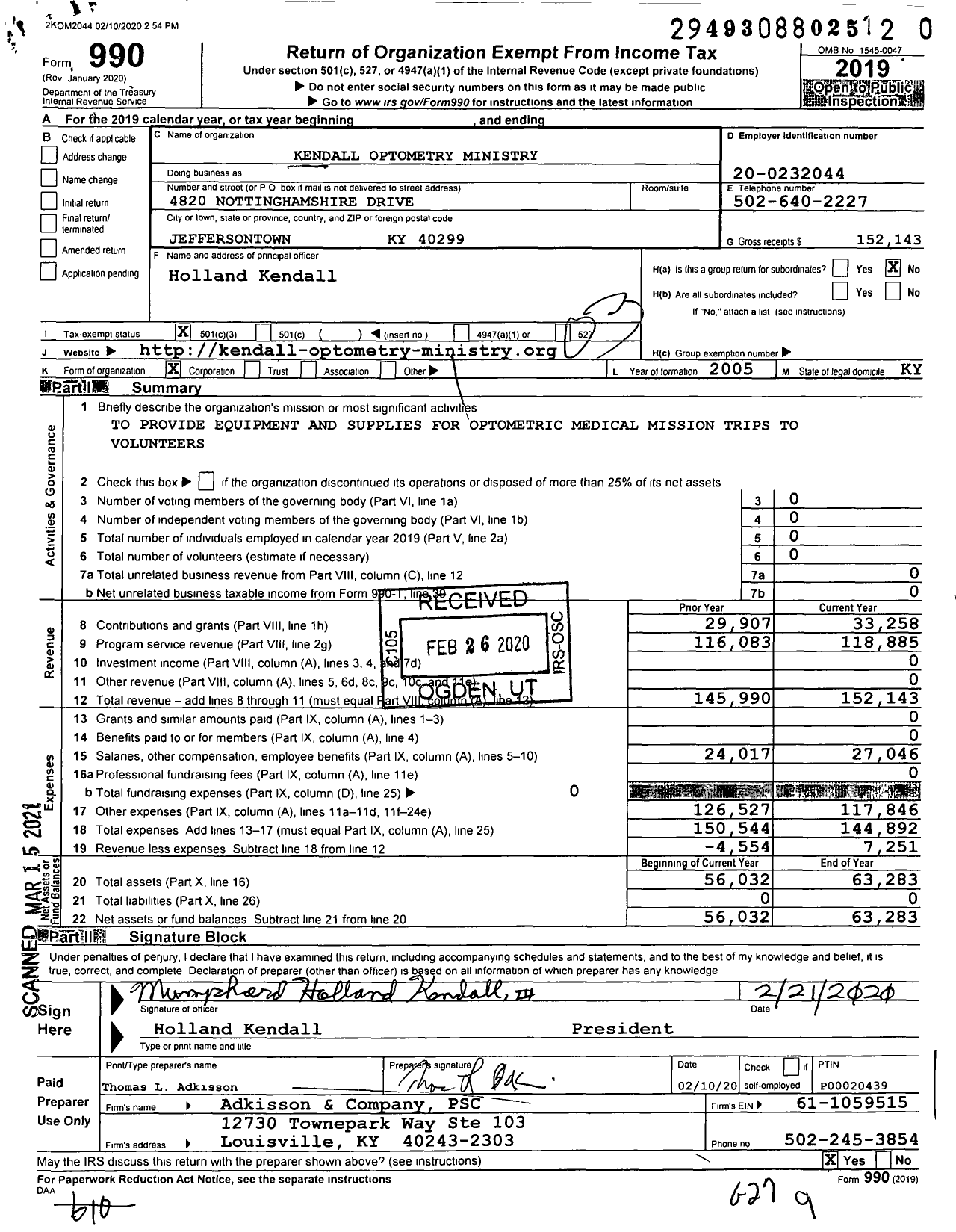 Image of first page of 2019 Form 990 for Kendall Vision Ministry