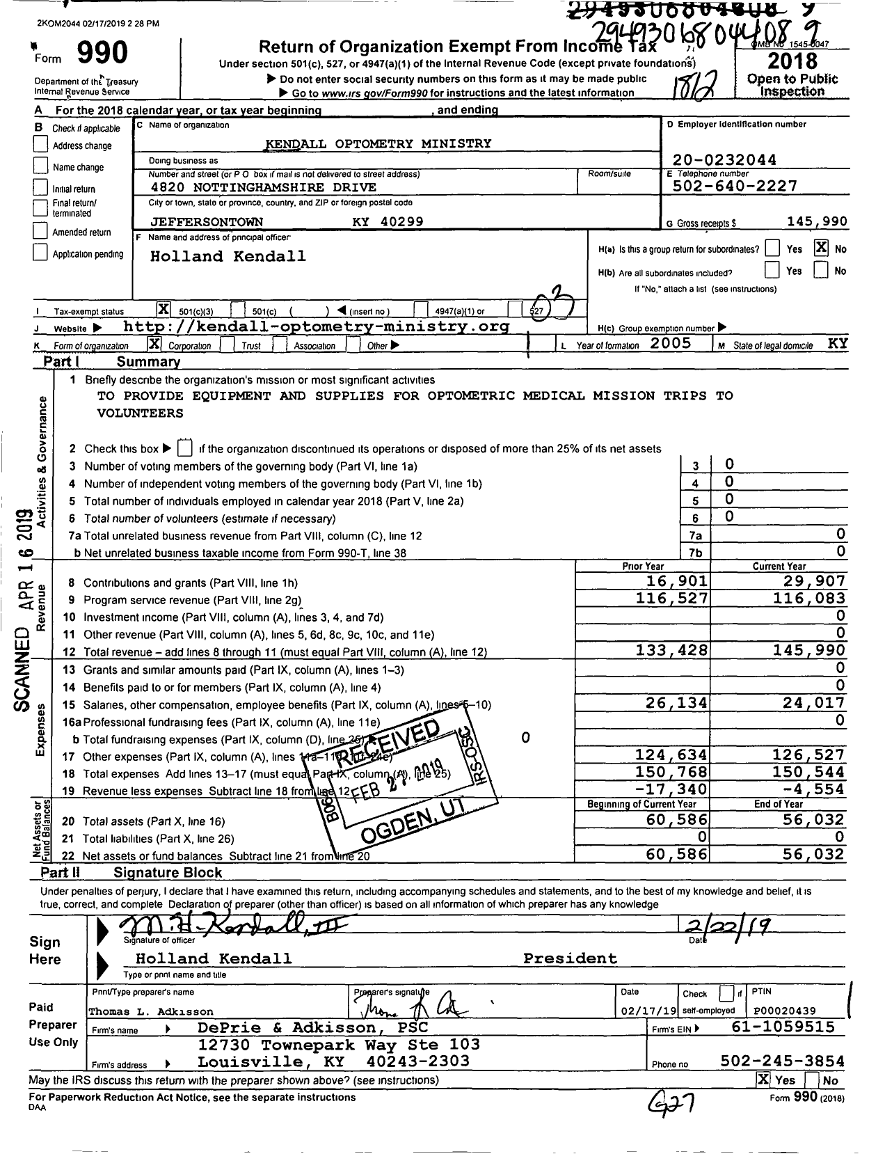 Image of first page of 2018 Form 990 for Kendall Vision Ministry