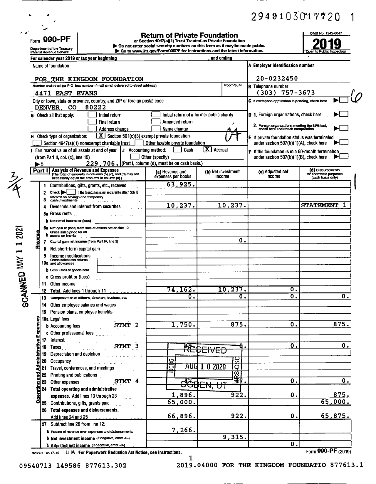 Image of first page of 2019 Form 990PF for For the Kingdom Foundation