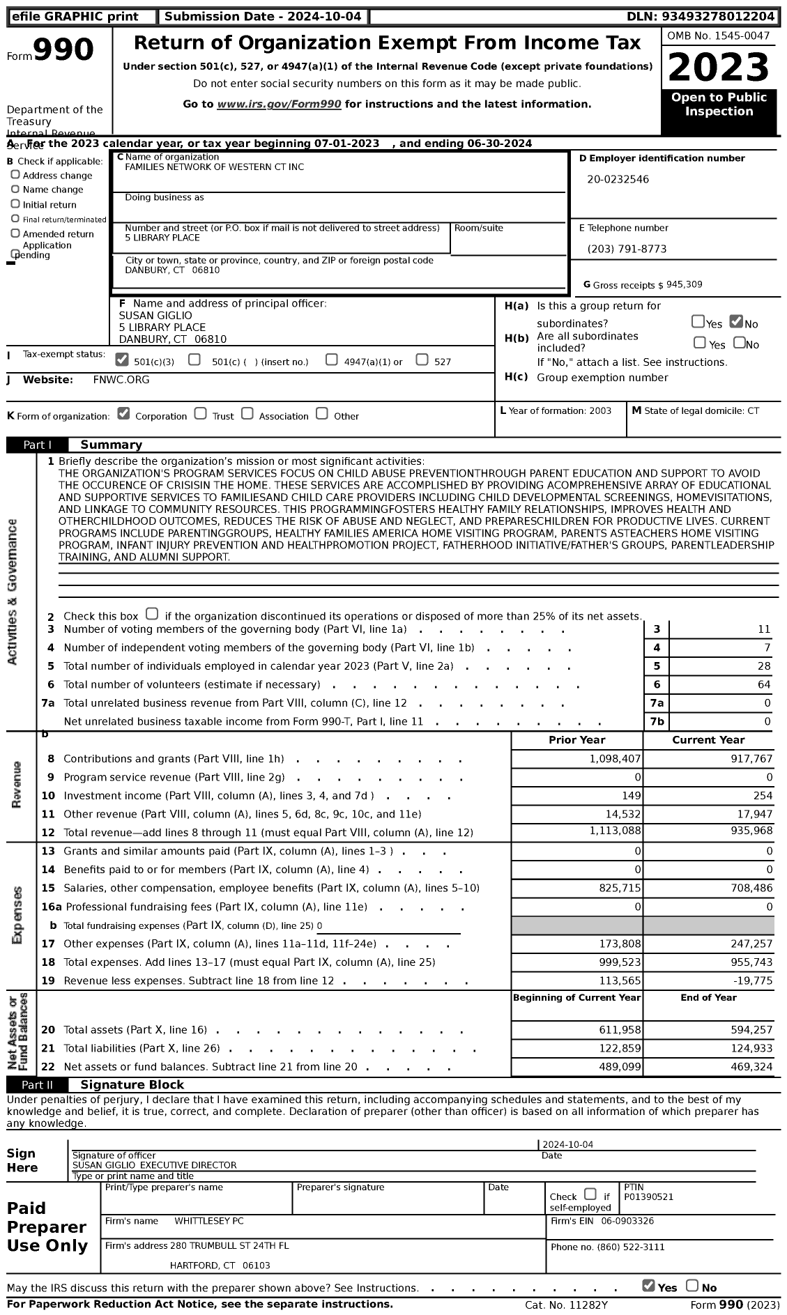 Image of first page of 2023 Form 990 for Families Network of Western CT