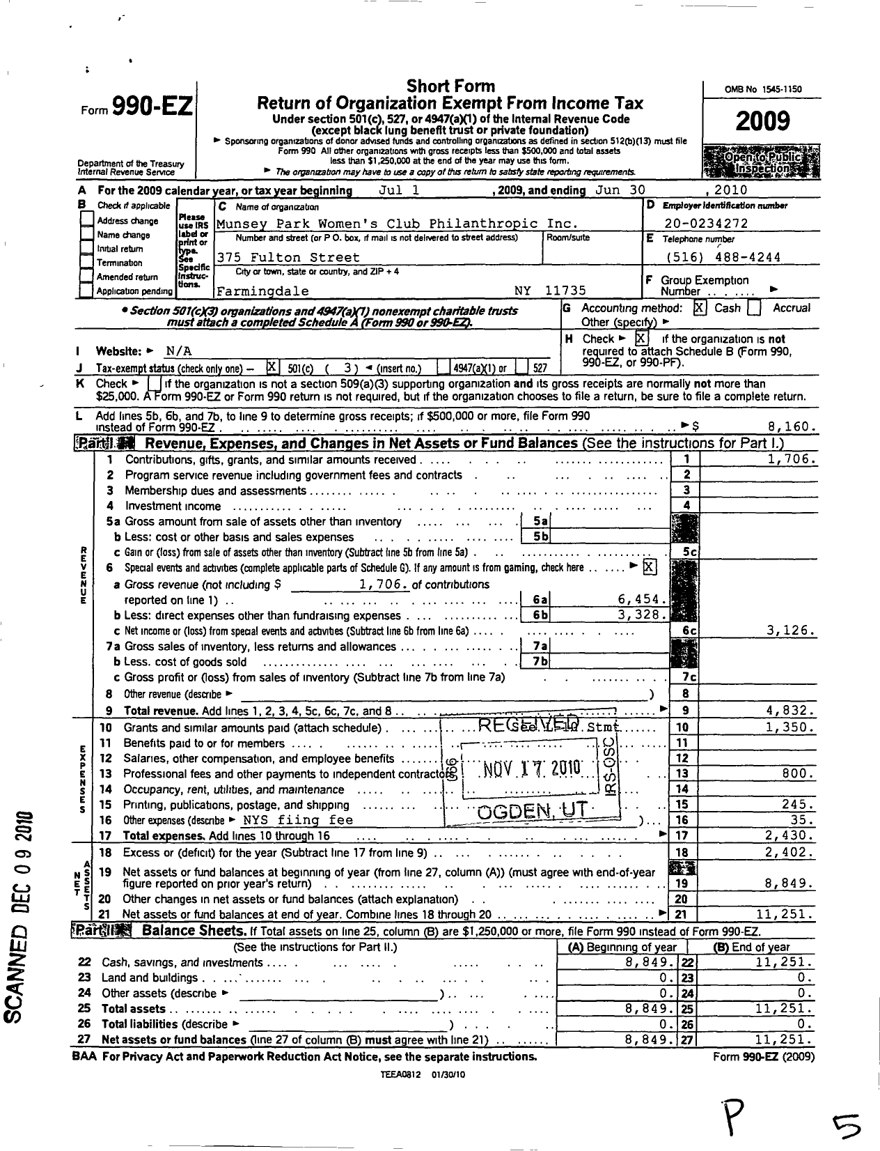 Image of first page of 2009 Form 990EZ for Munsey Park Women's Club Philanthropic