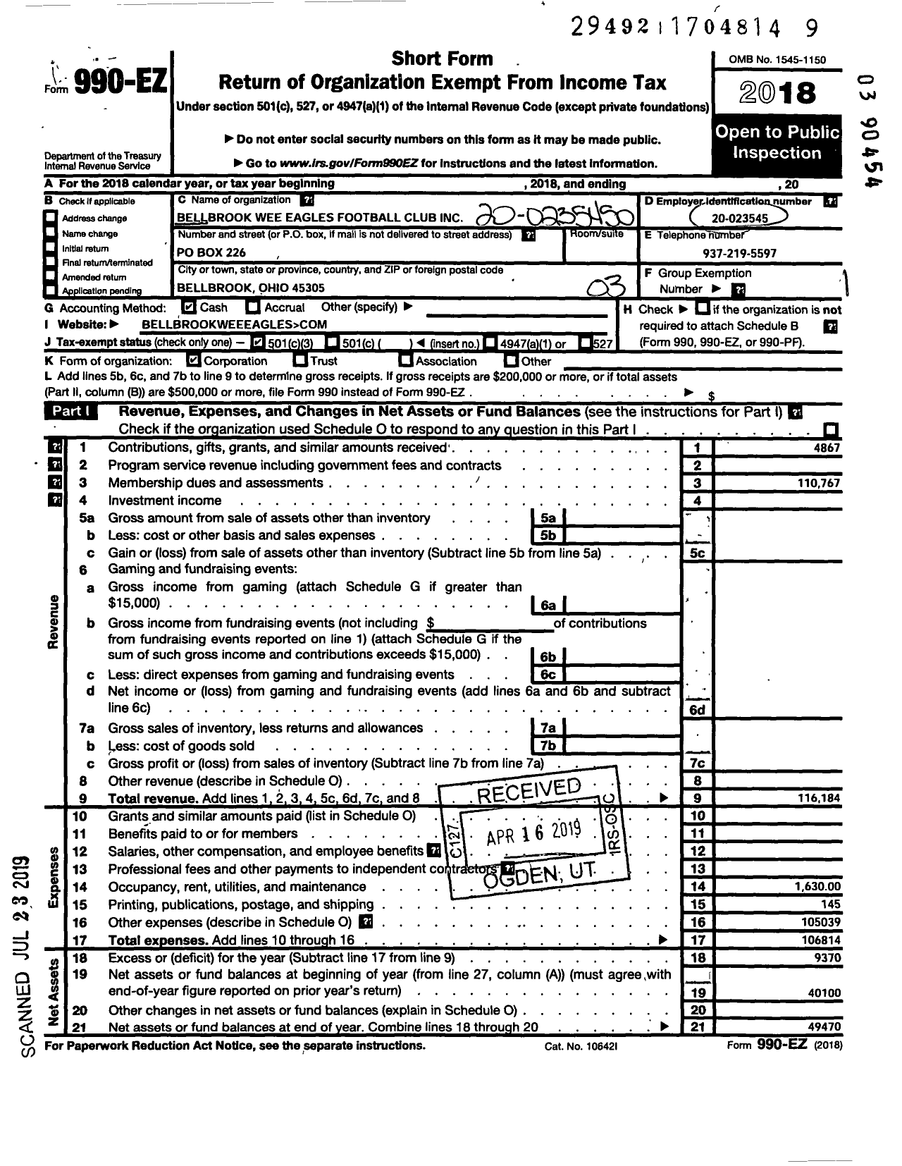 Image of first page of 2018 Form 990EZ for Bellbrook Wee Eagles Football Club