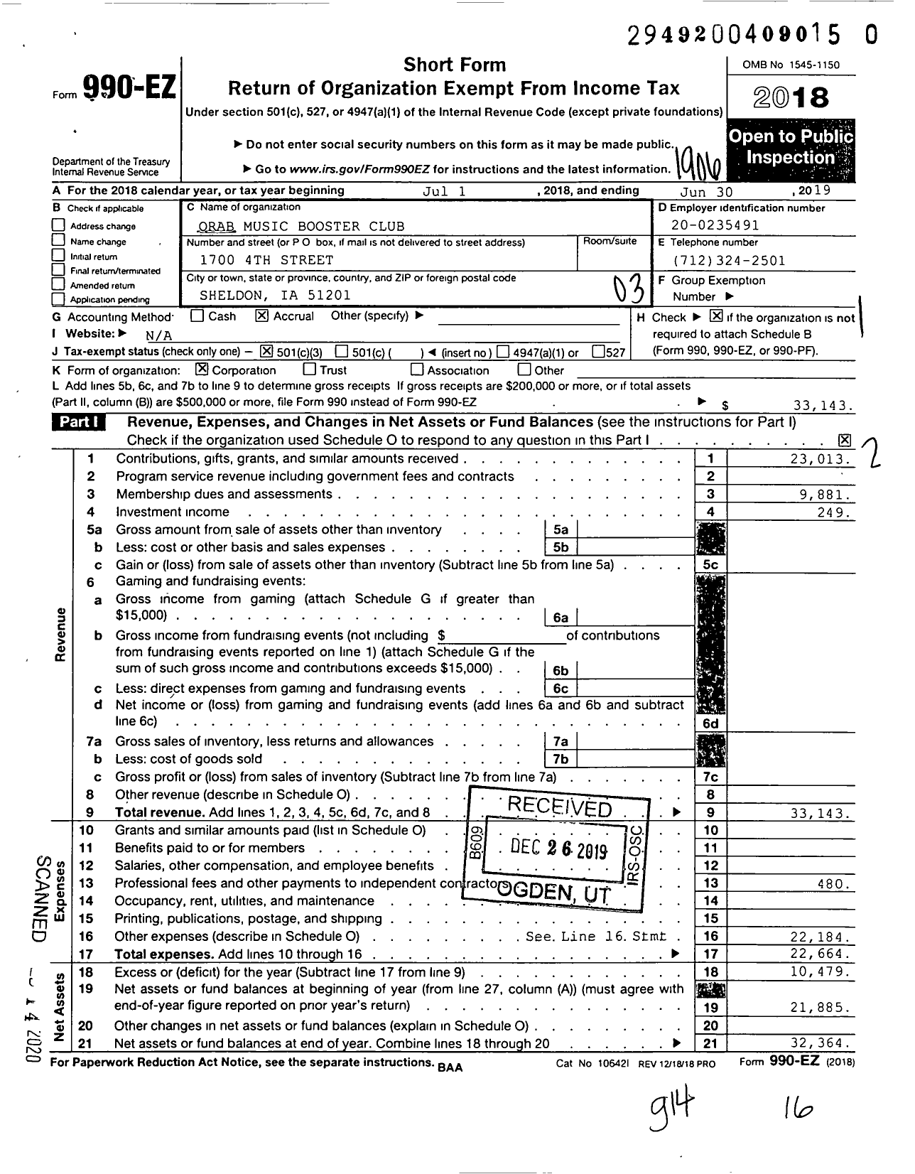 Image of first page of 2018 Form 990EZ for Orab Music Booster Club