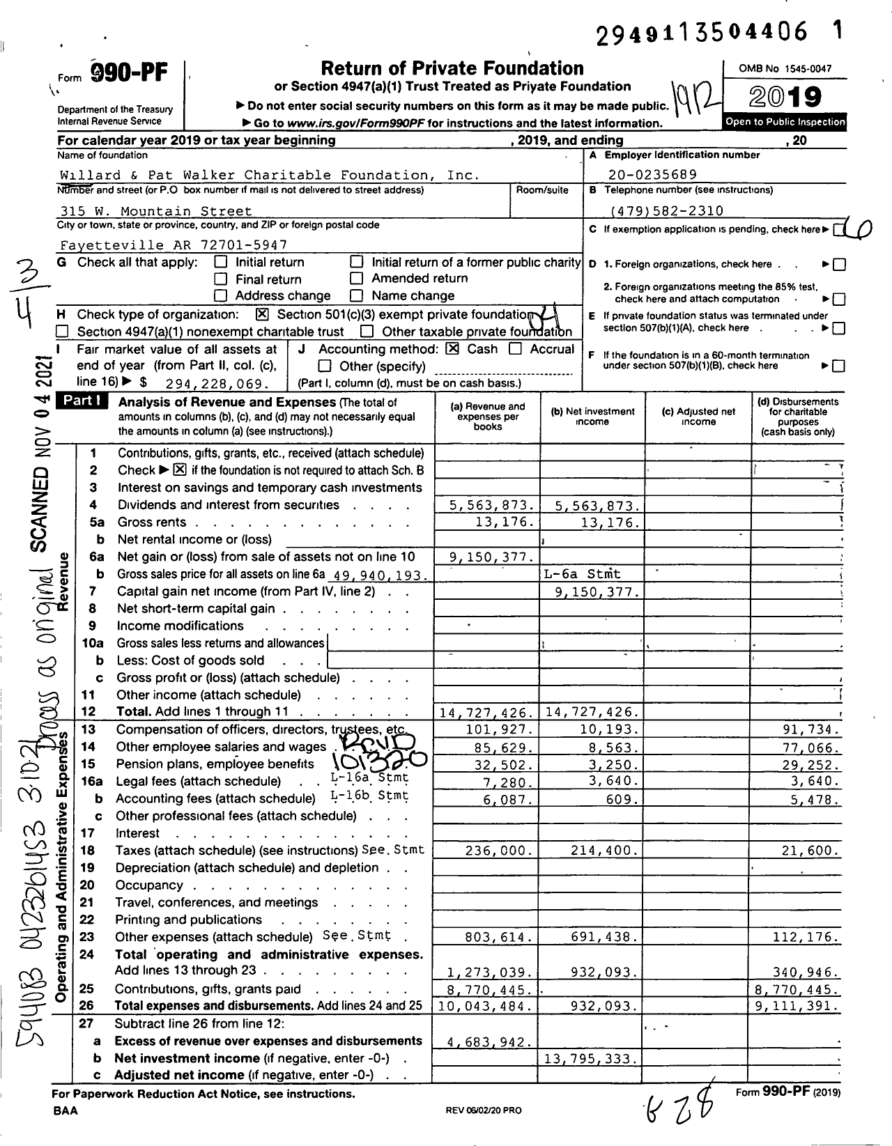 Image of first page of 2019 Form 990PF for Willard and Pat Walker Charitable Foundation