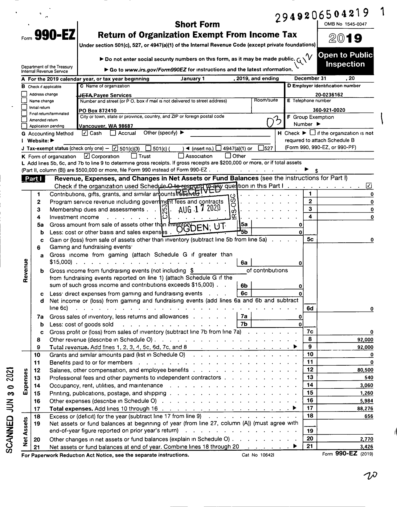 Image of first page of 2019 Form 990EZ for Jeta Payee Services