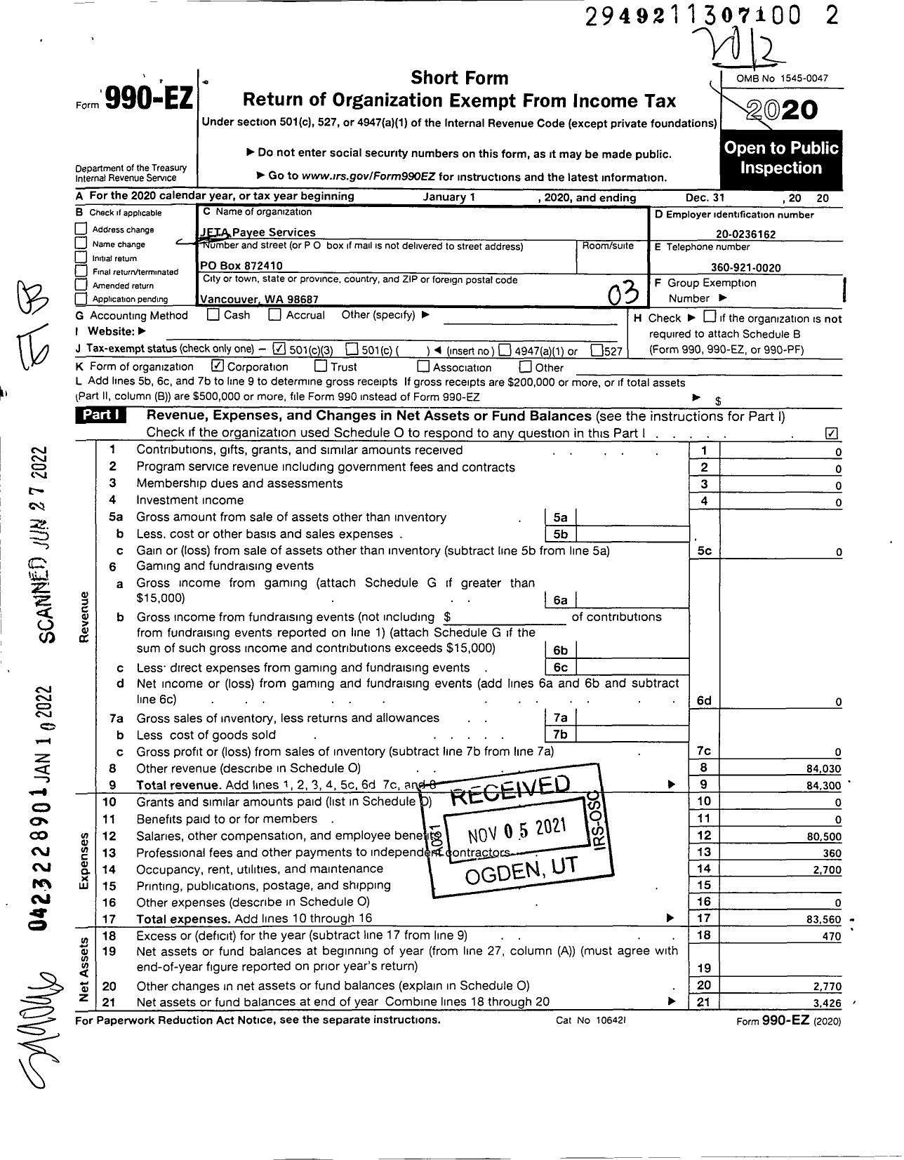 Image of first page of 2020 Form 990EZ for Jeta Payee Services