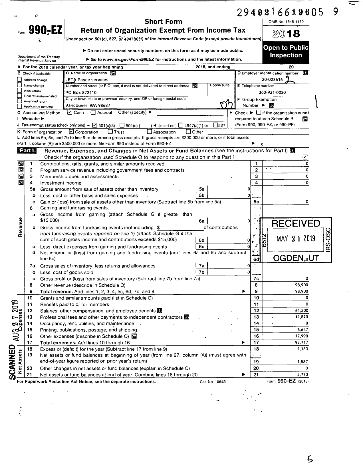 Image of first page of 2018 Form 990EZ for Jeta Payee Services