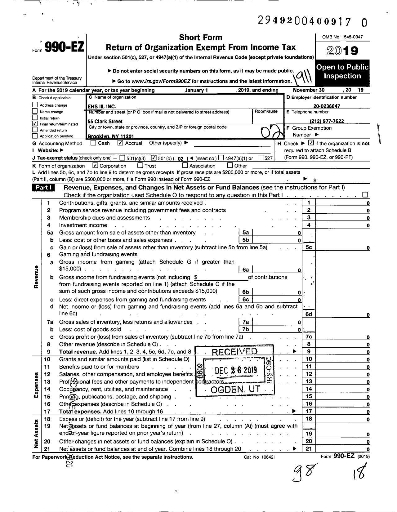 Image of first page of 2018 Form 990EO for Ehs Iii