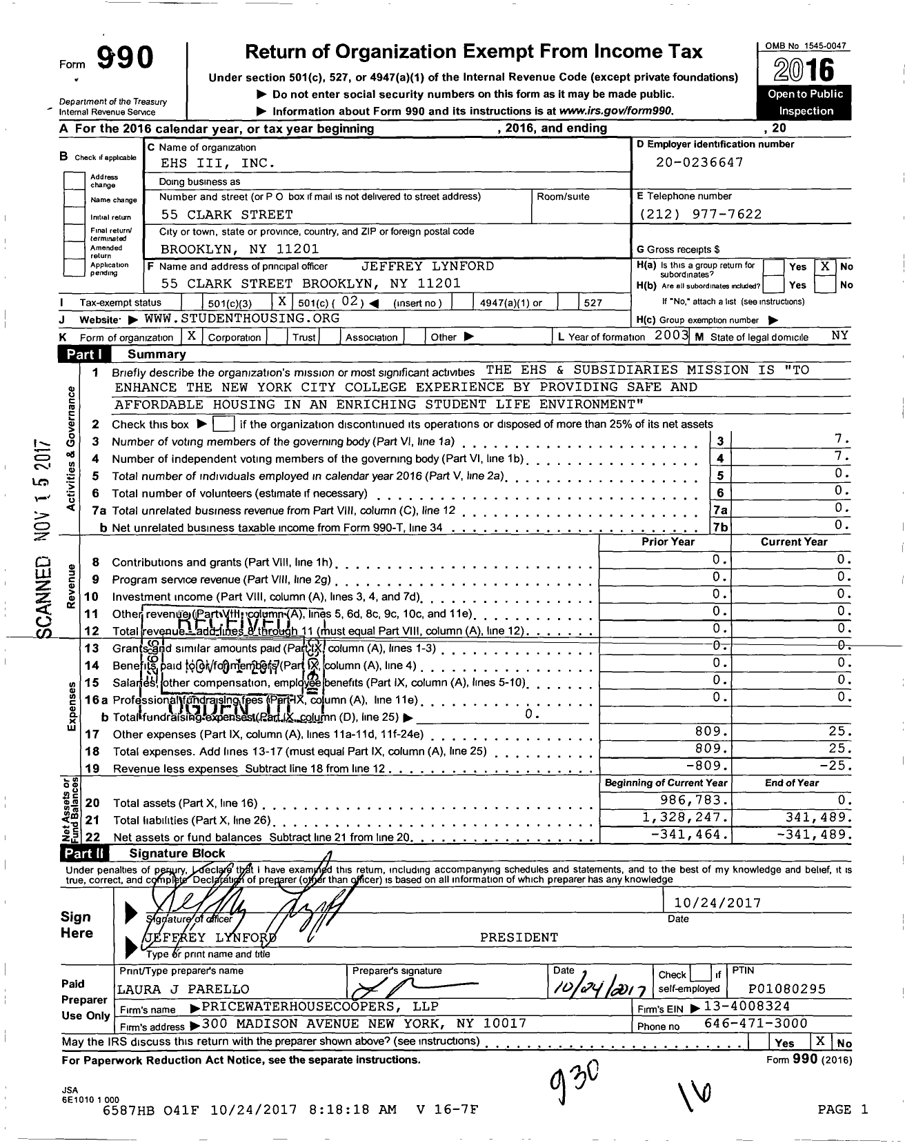 Image of first page of 2016 Form 990O for Ehs Iii