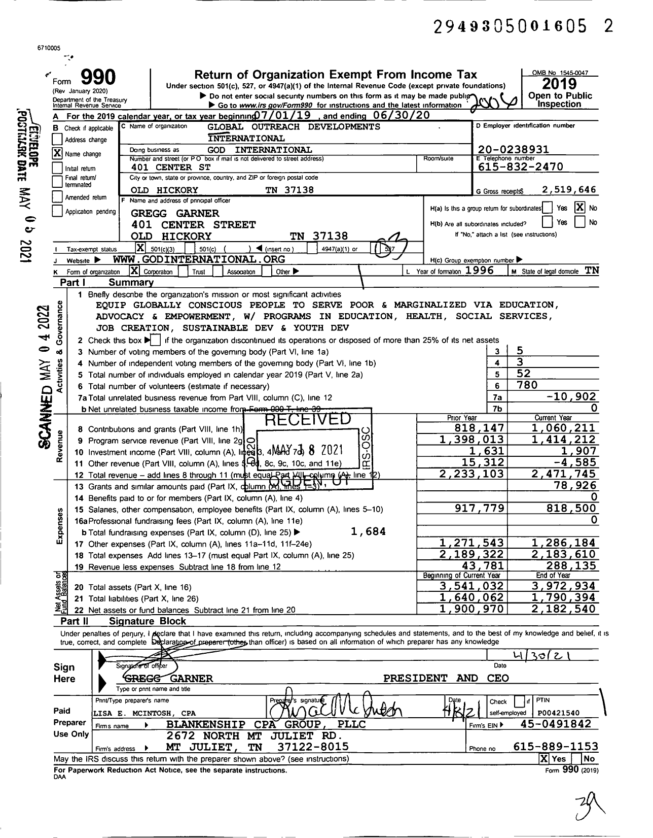 Image of first page of 2019 Form 990 for Global Outreach Developments International