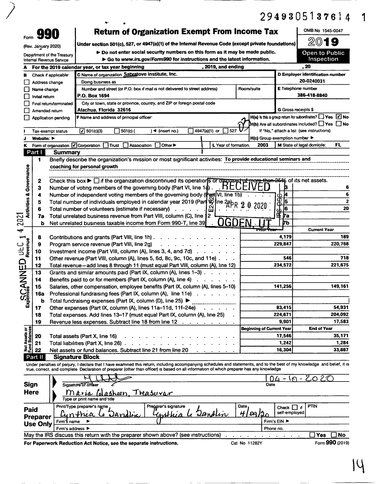 Image of first page of 2019 Form 990 for Satvatove Institute