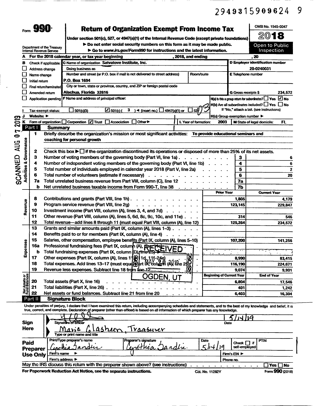 Image of first page of 2018 Form 990 for Satvatove Institute