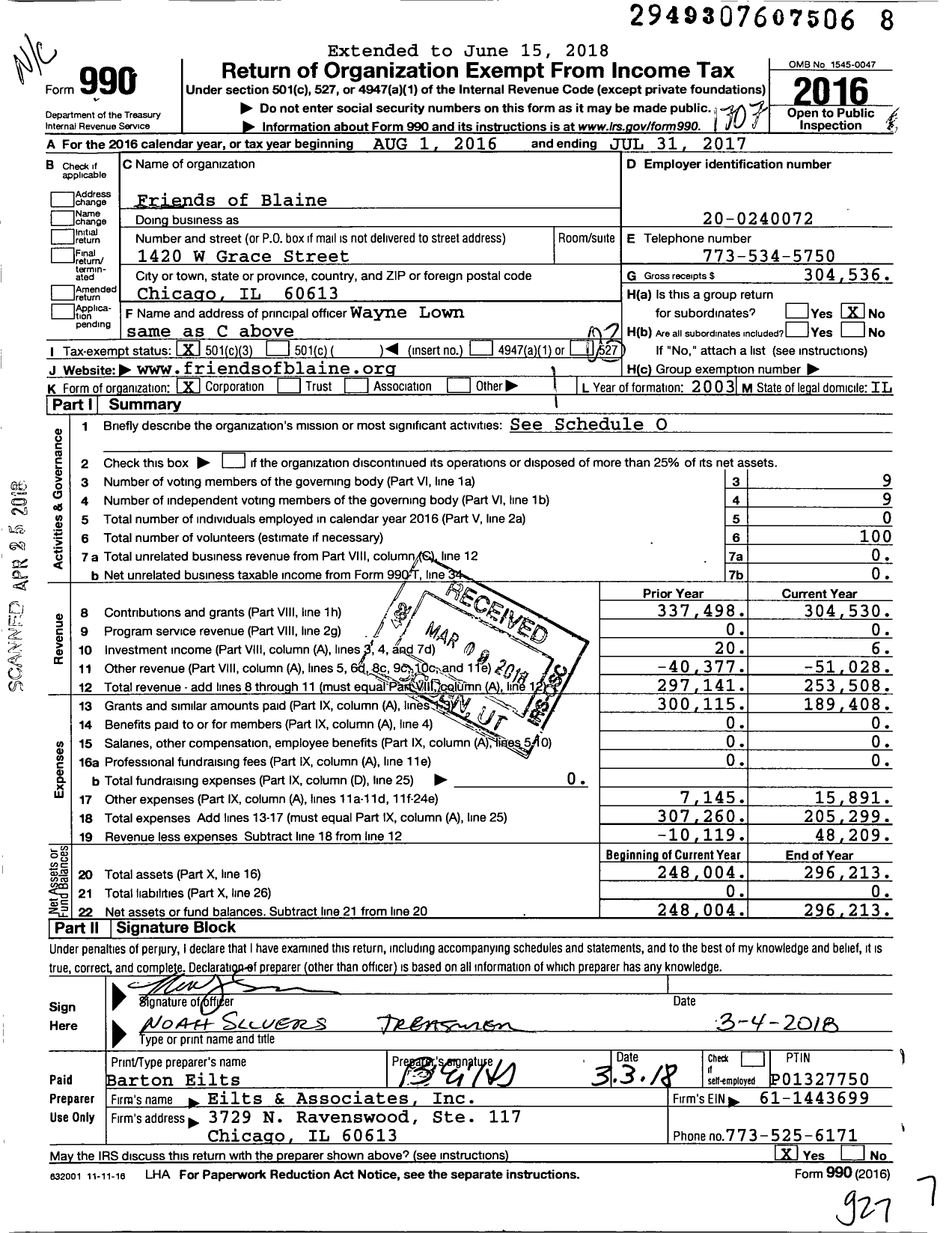 Image of first page of 2016 Form 990 for Friends of Blaine