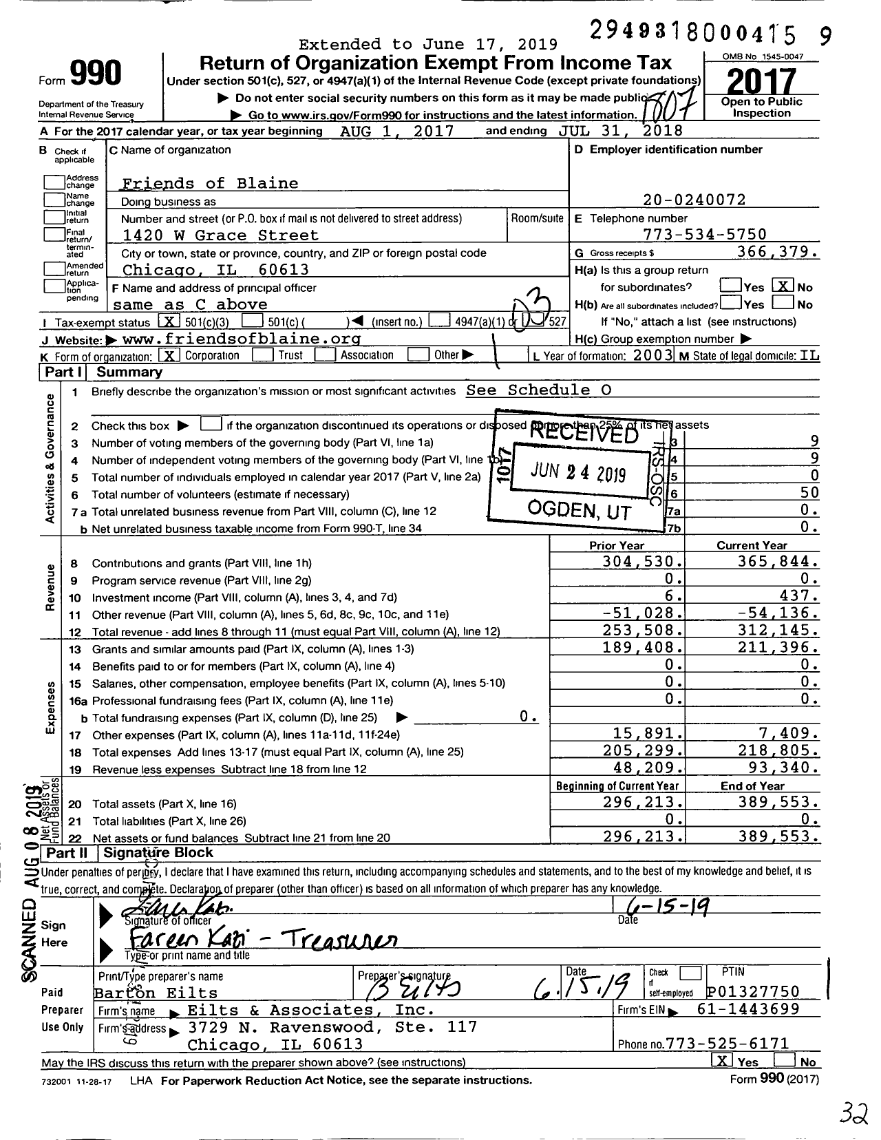 Image of first page of 2017 Form 990 for Friends of Blaine