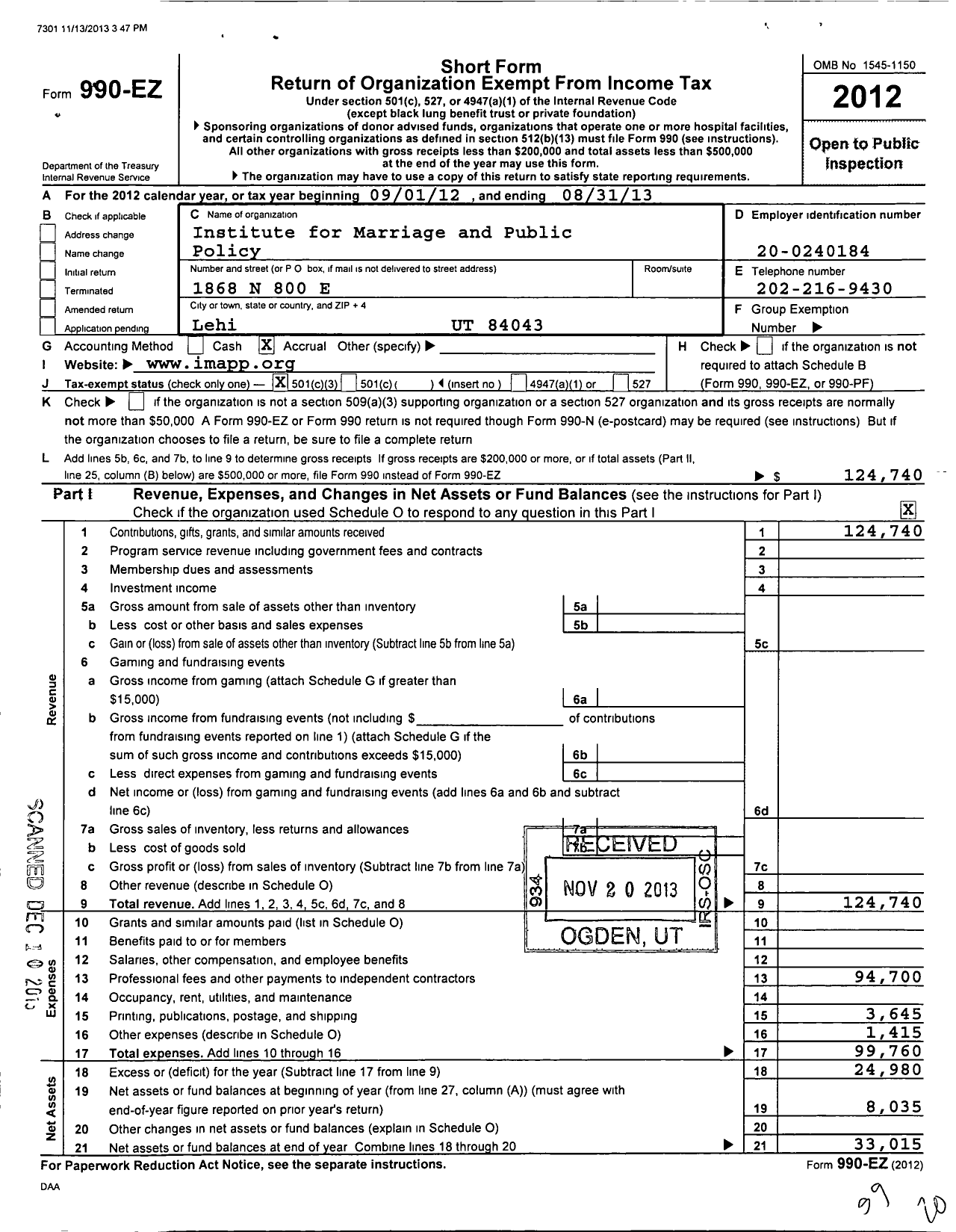 Image of first page of 2012 Form 990EZ for Institute for Marriage and Public Policy