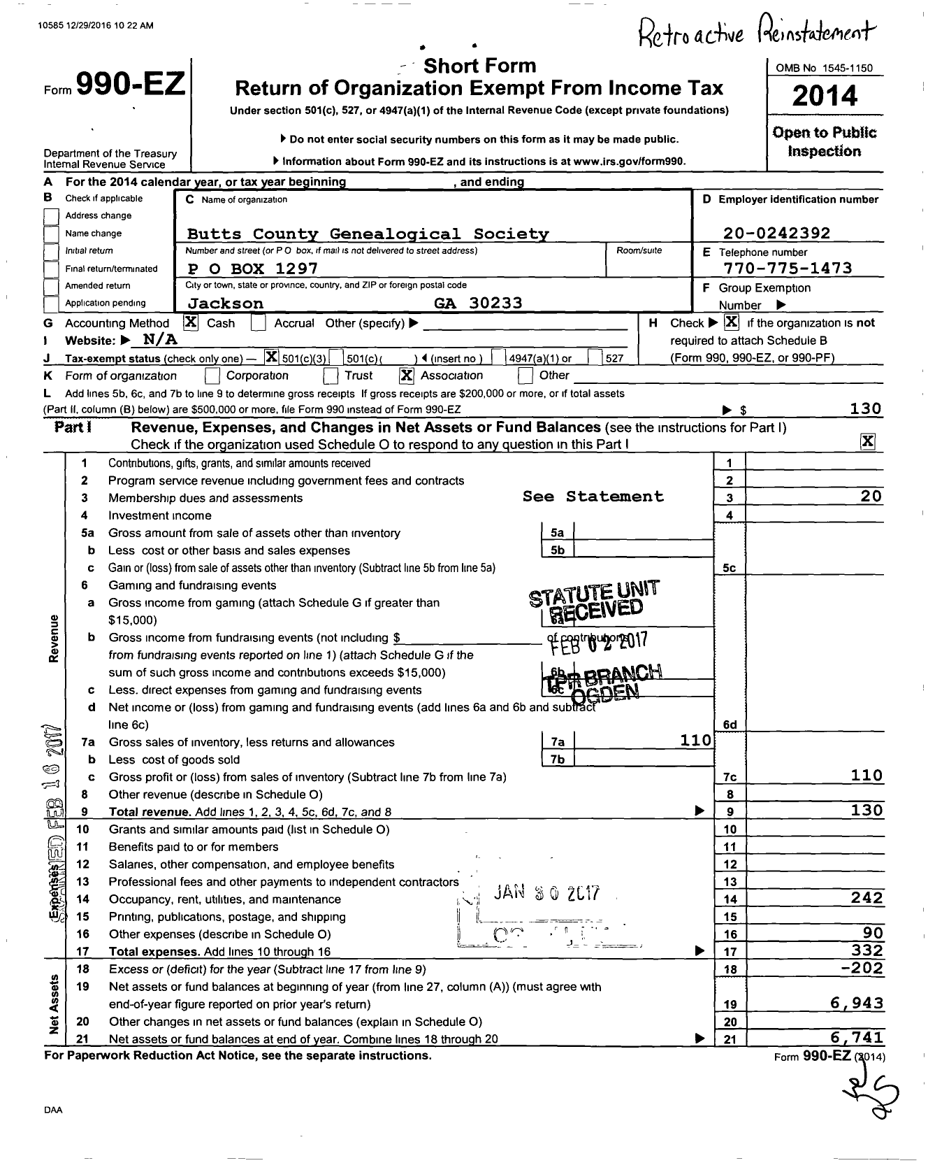 Image of first page of 2014 Form 990EZ for Butts County Genealogical Society