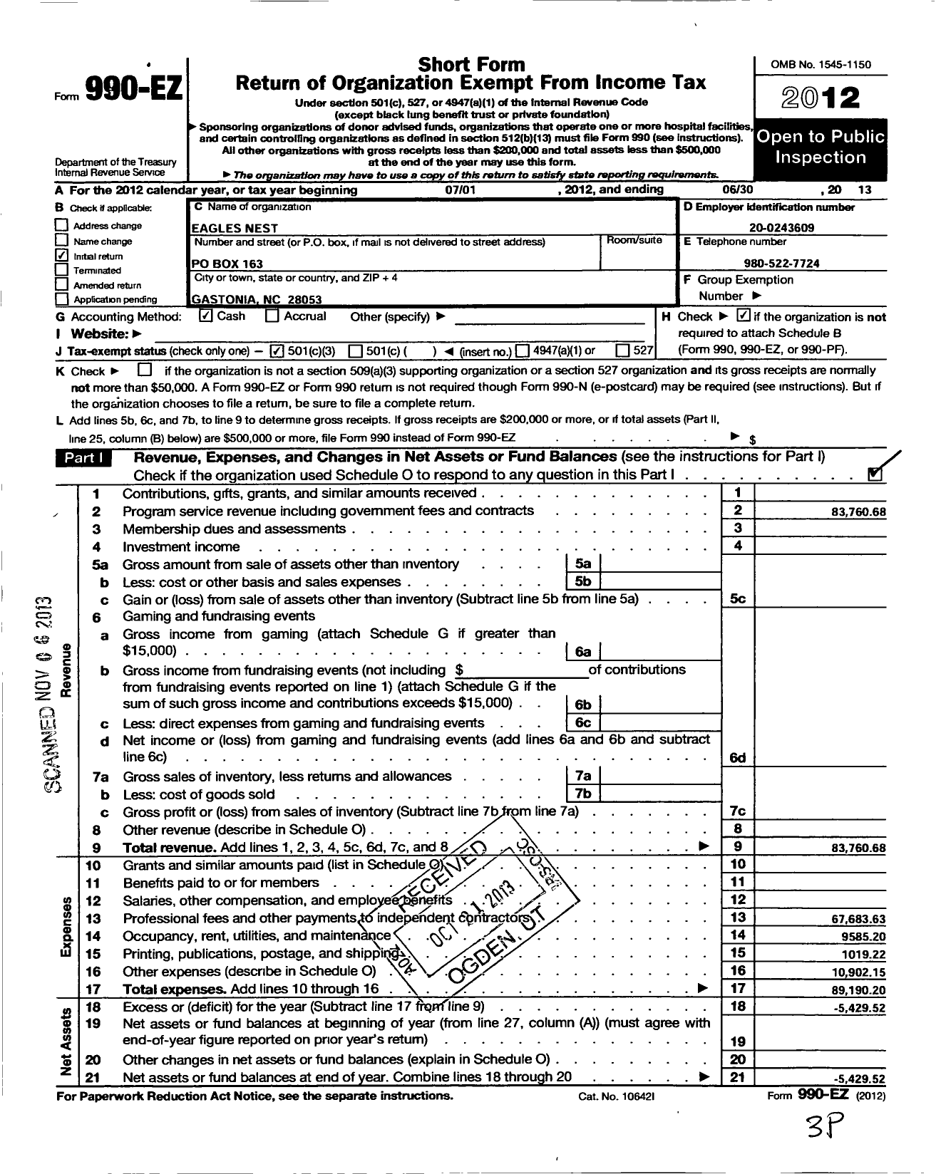 Image of first page of 2012 Form 990EZ for Eagles Nest