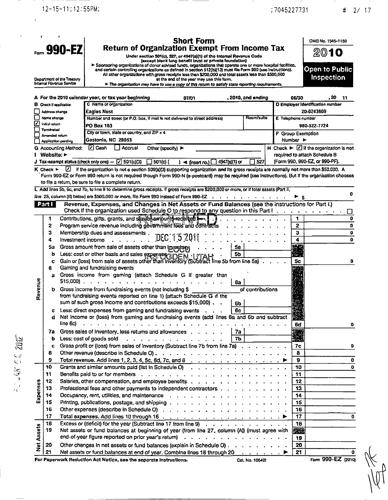 Image of first page of 2010 Form 990EZ for Eagles Nest