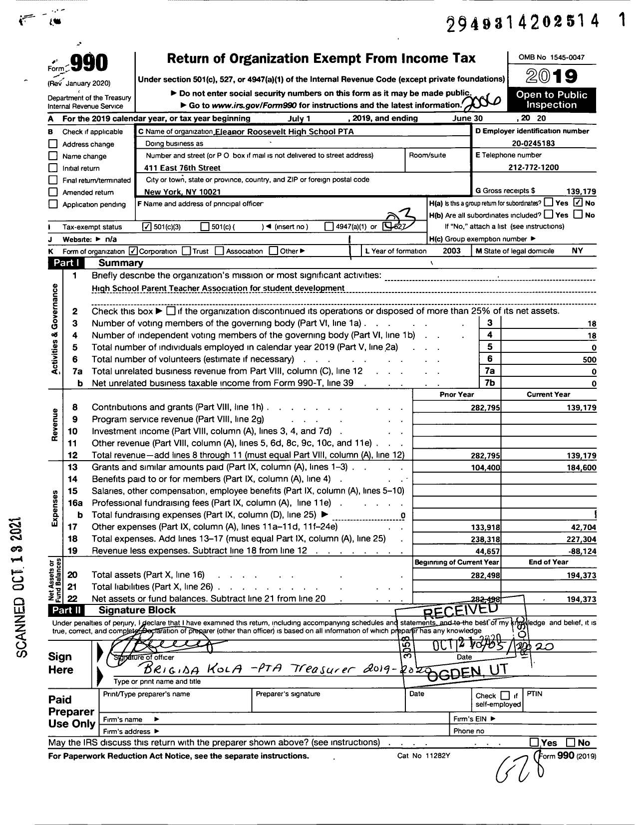 Image of first page of 2019 Form 990 for Erhs PTA