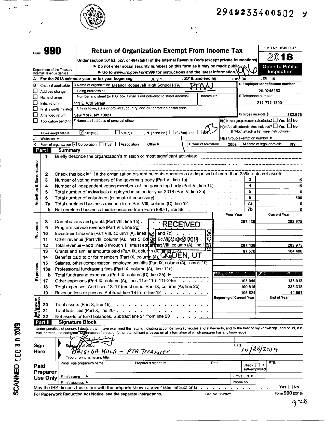 Image of first page of 2018 Form 990 for Erhs PTA