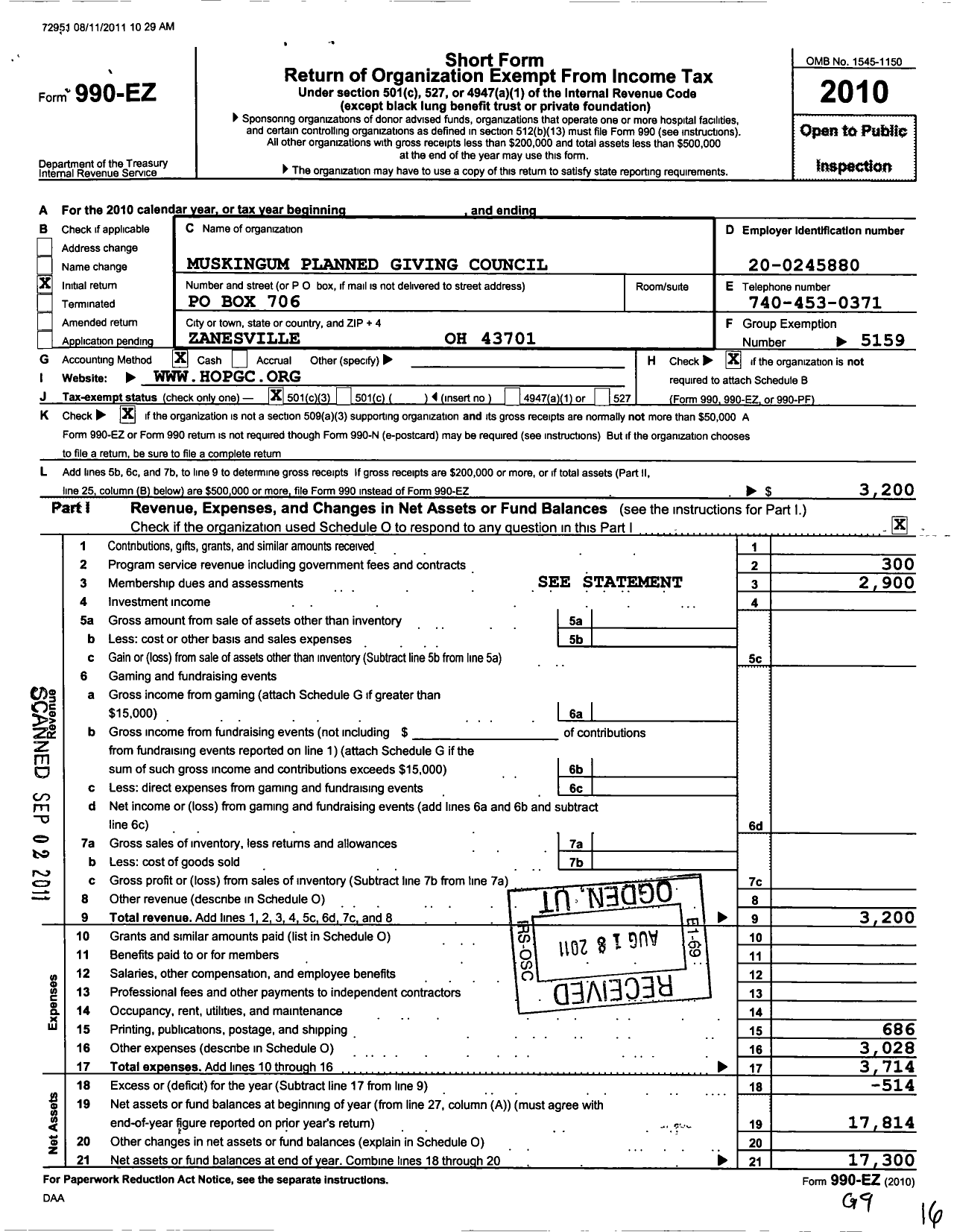 Image of first page of 2010 Form 990EZ for Hills of Ohio Planned Giving Council