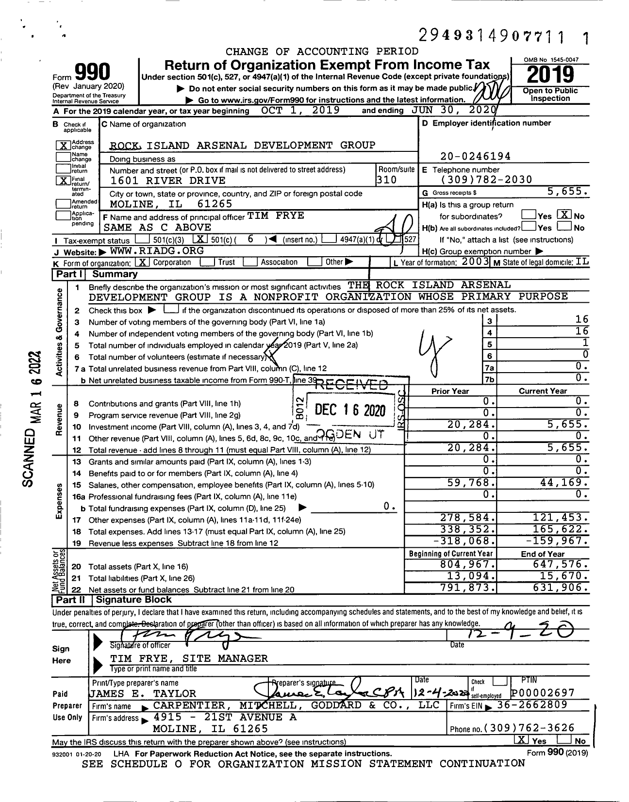 Image of first page of 2019 Form 990O for Rock Island Arsenal Defense Alliance