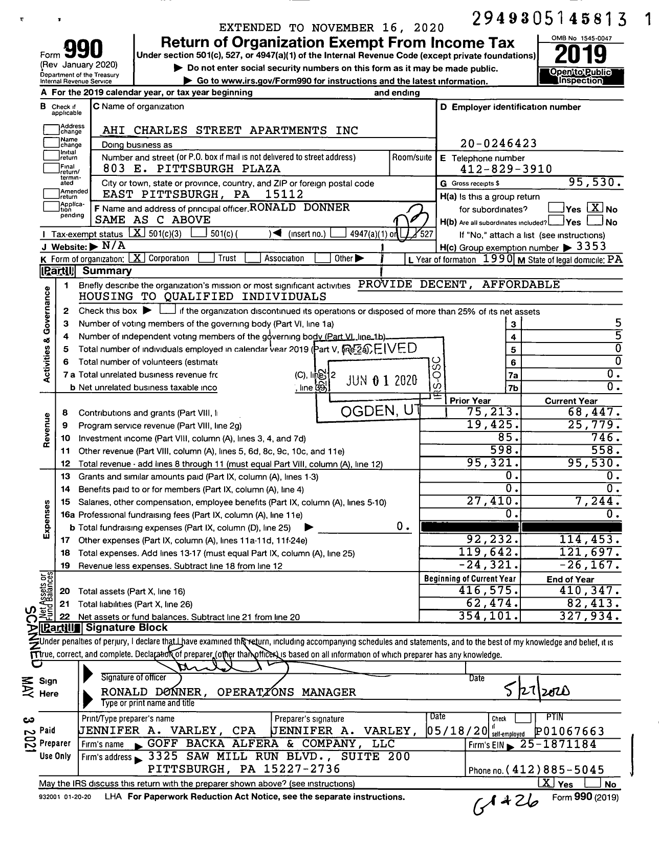 Image of first page of 2019 Form 990 for Ahi Charles Street Apartments