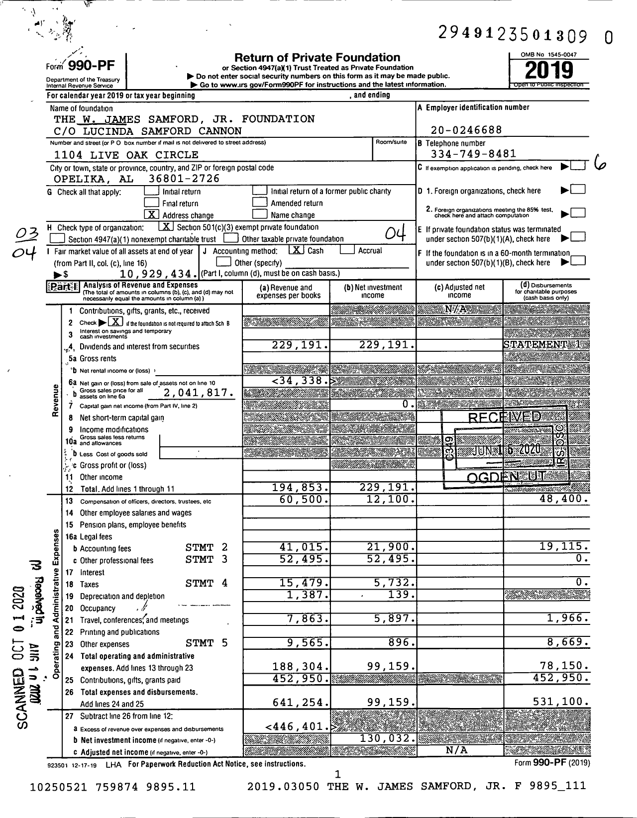 Image of first page of 2019 Form 990PR for Samford-Cannon Foundation