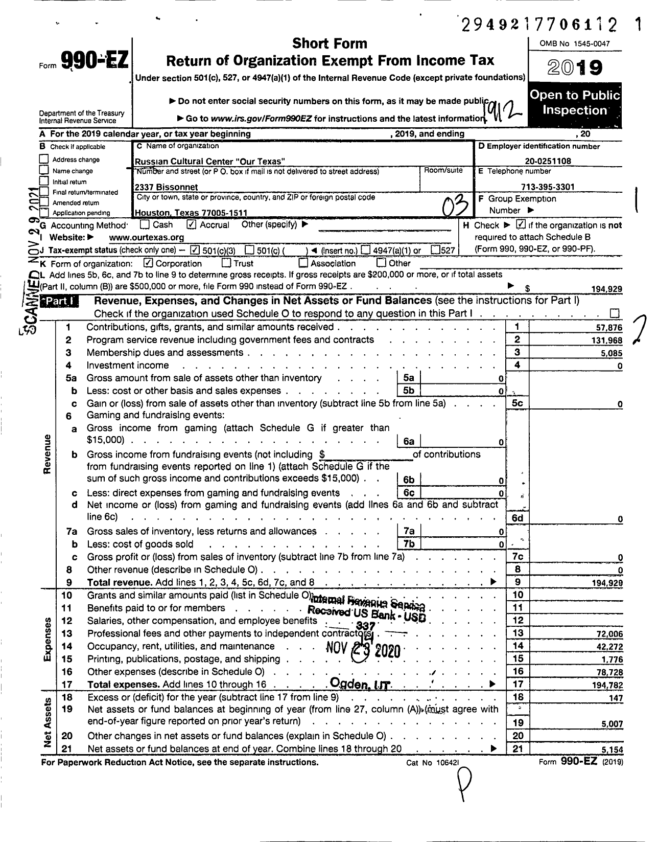 Image of first page of 2019 Form 990EZ for Russian Cultural Center-Our Texas