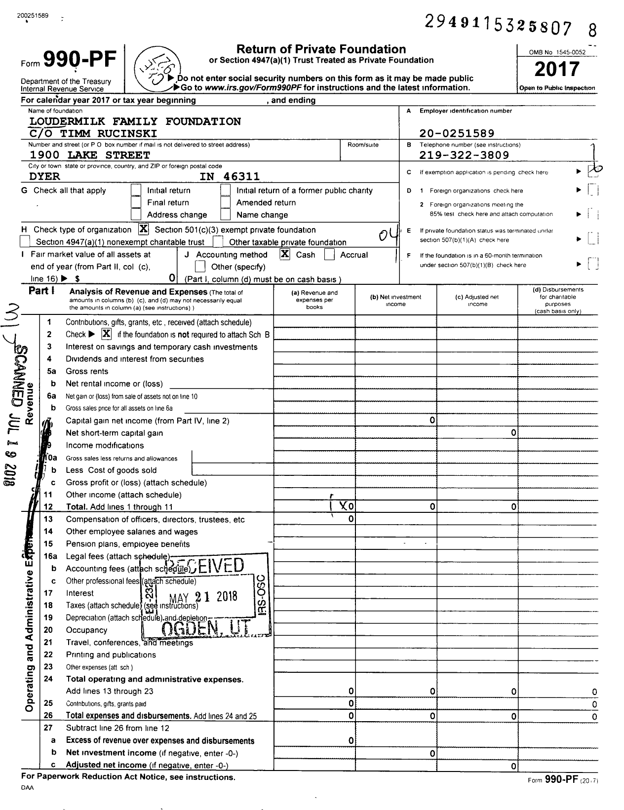 Image of first page of 2017 Form 990PF for Loudermilk Family Foundation