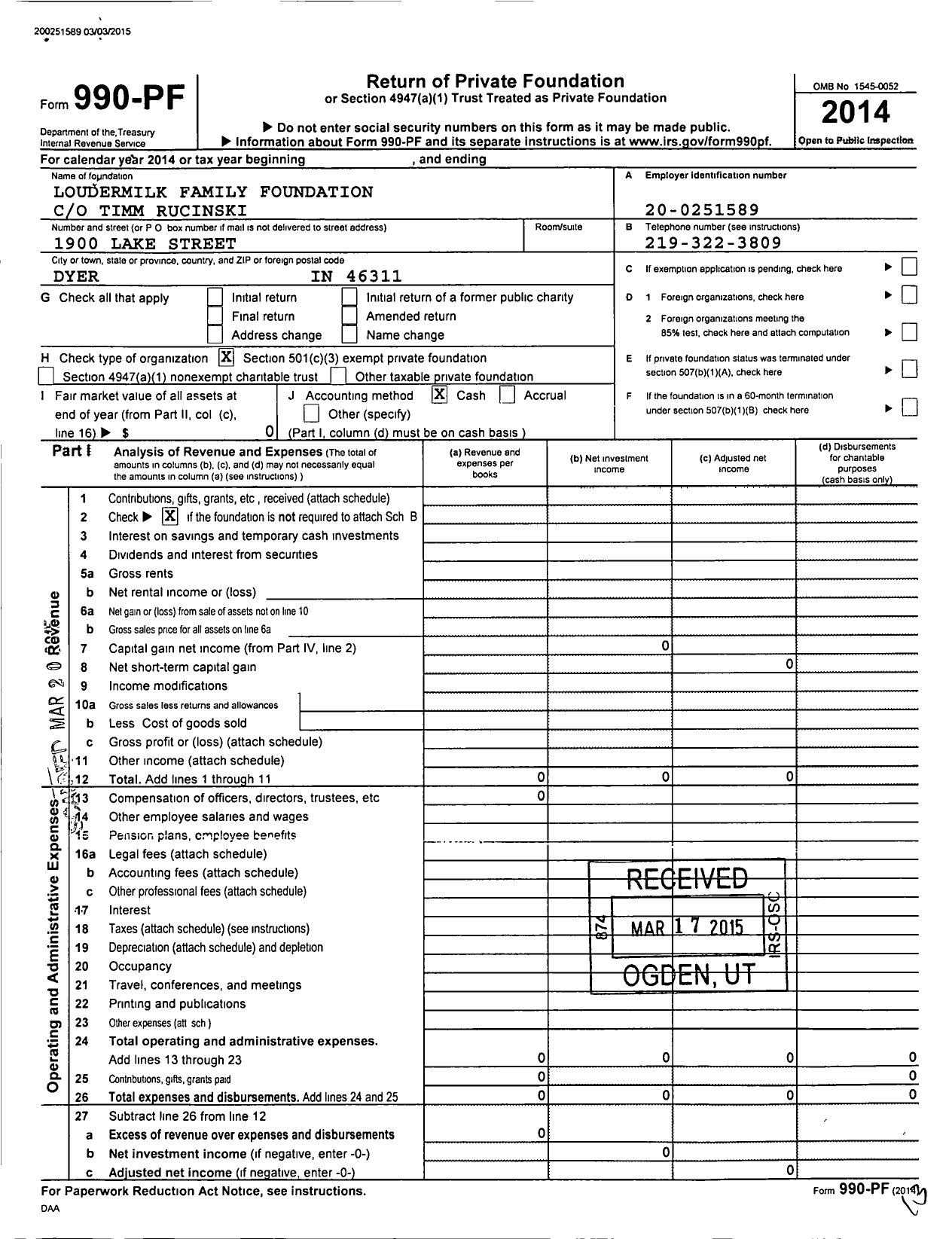 Image of first page of 2014 Form 990PF for Loudermilk Family Foundation