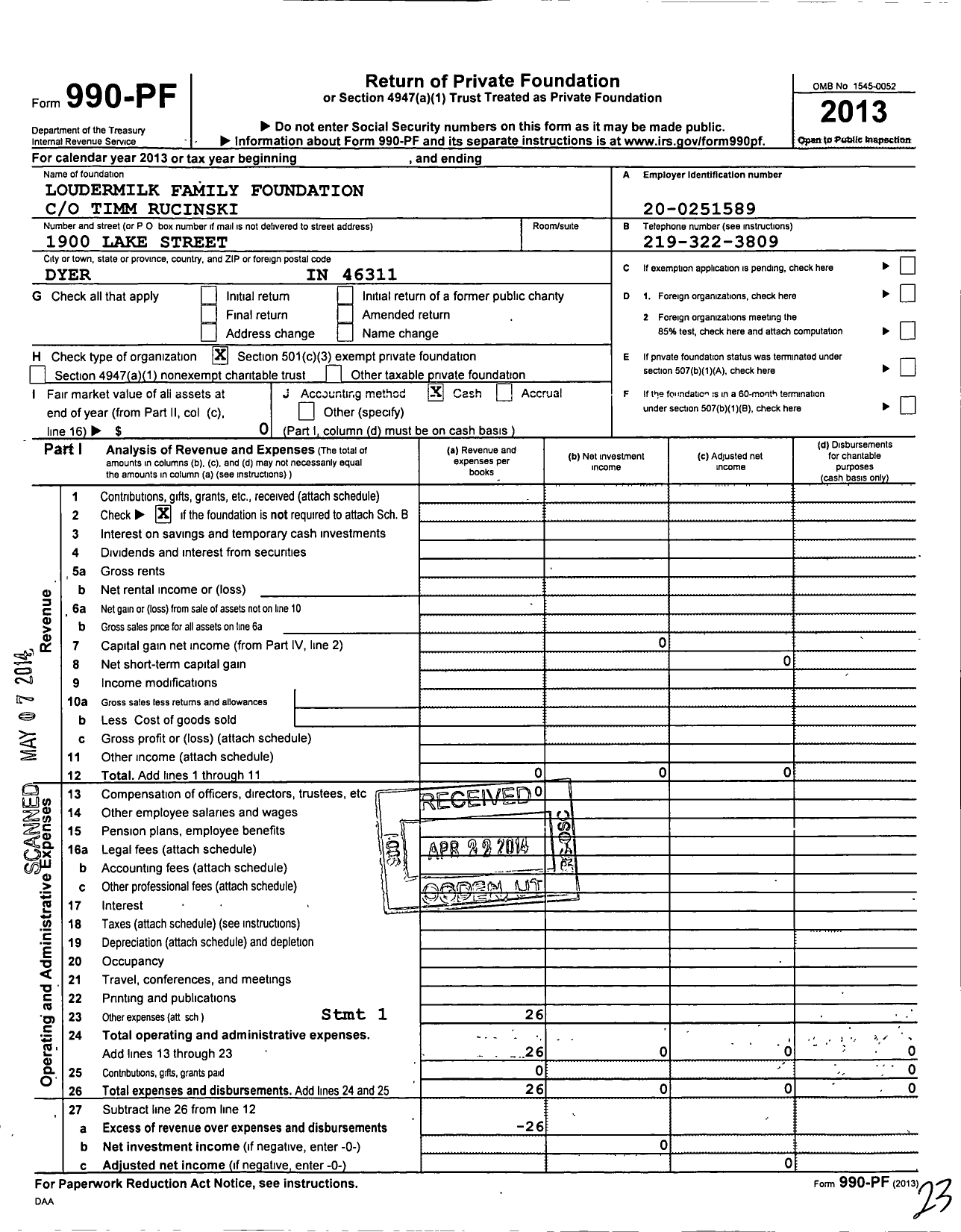 Image of first page of 2013 Form 990PF for Loudermilk Family Foundation