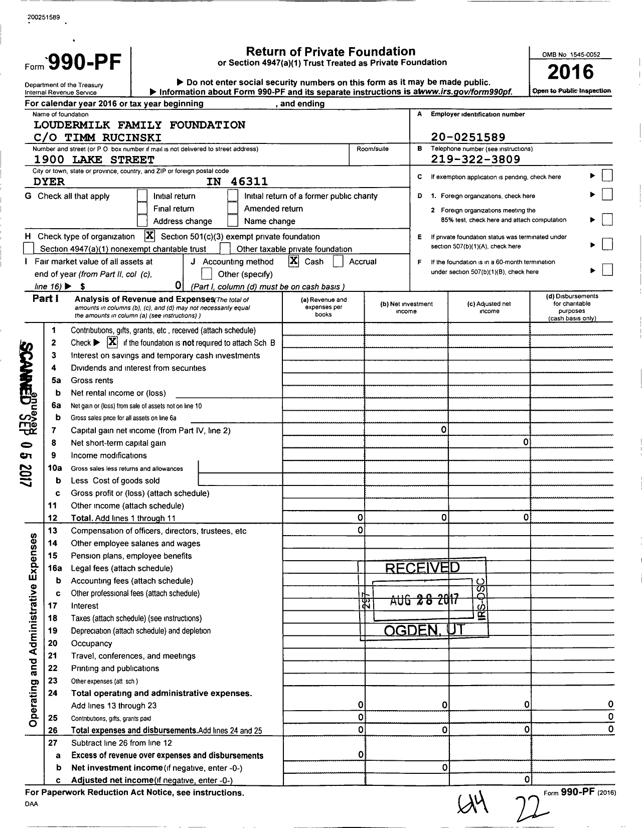 Image of first page of 2016 Form 990PF for Loudermilk Family Foundation