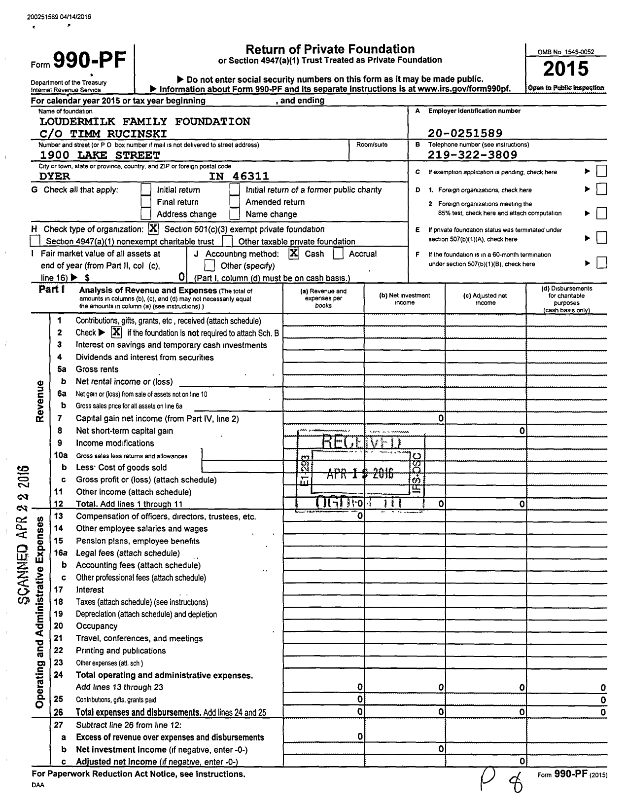 Image of first page of 2015 Form 990PF for Loudermilk Family Foundation