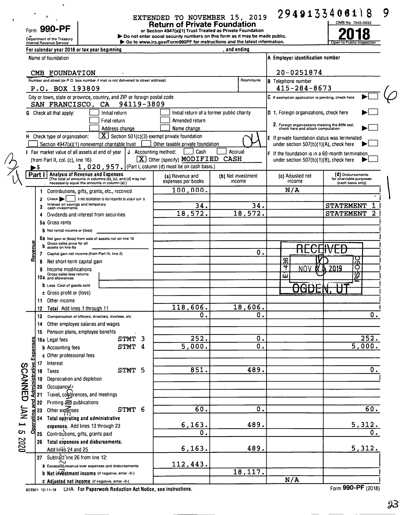 Image of first page of 2018 Form 990PF for CMB Foundation