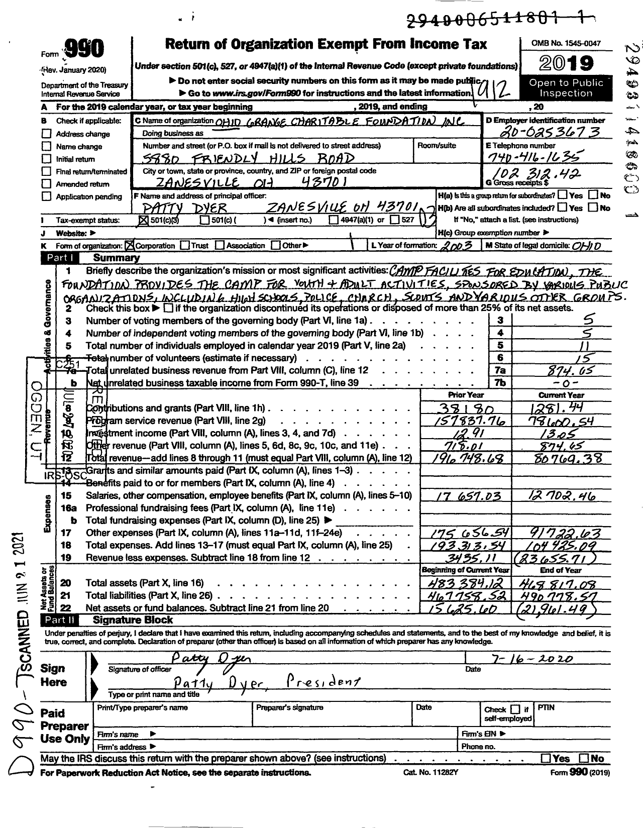 Image of first page of 2019 Form 990 for Ohio Grange Charitable Foundation