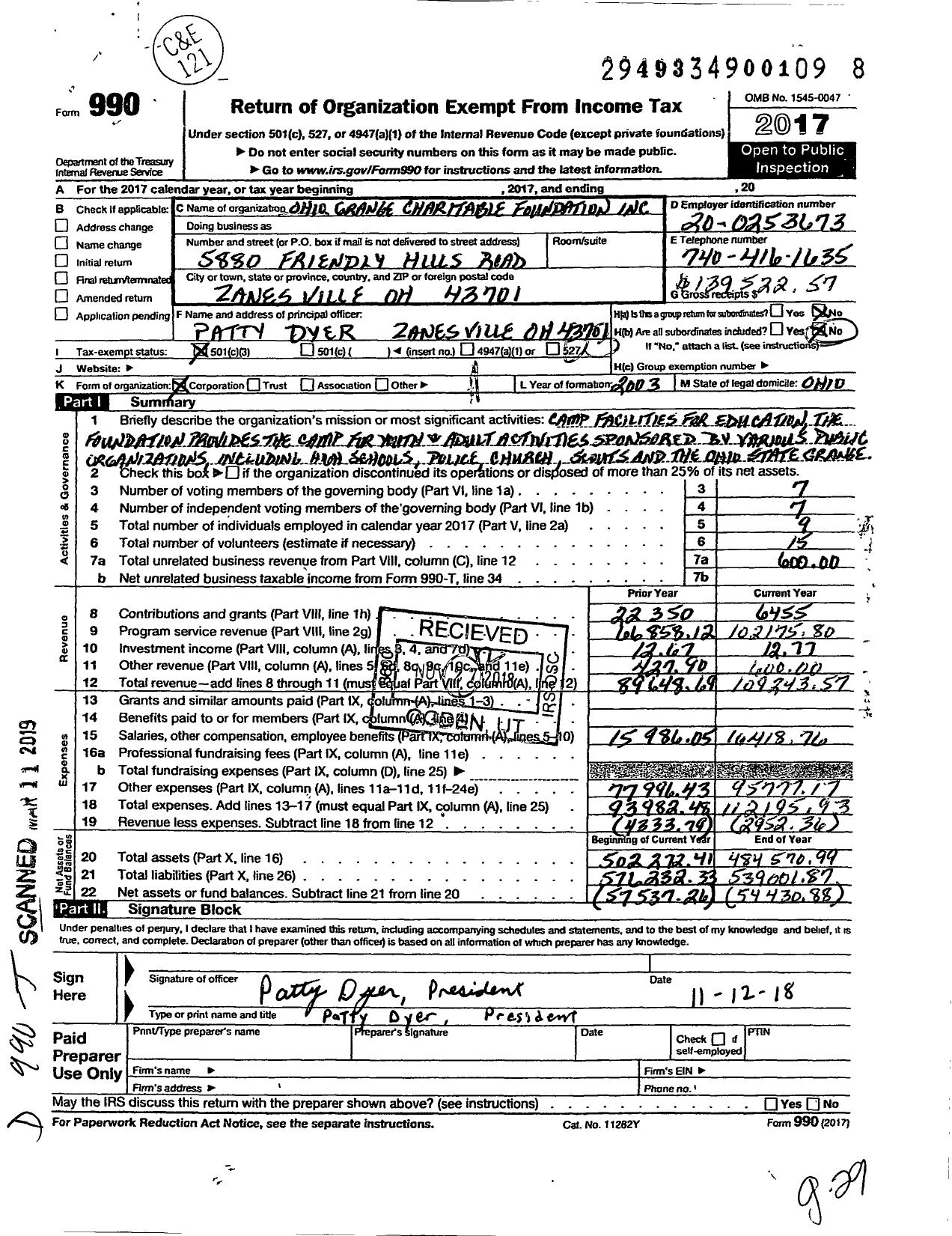 Image of first page of 2017 Form 990 for Ohio Grange Charitable Foundation