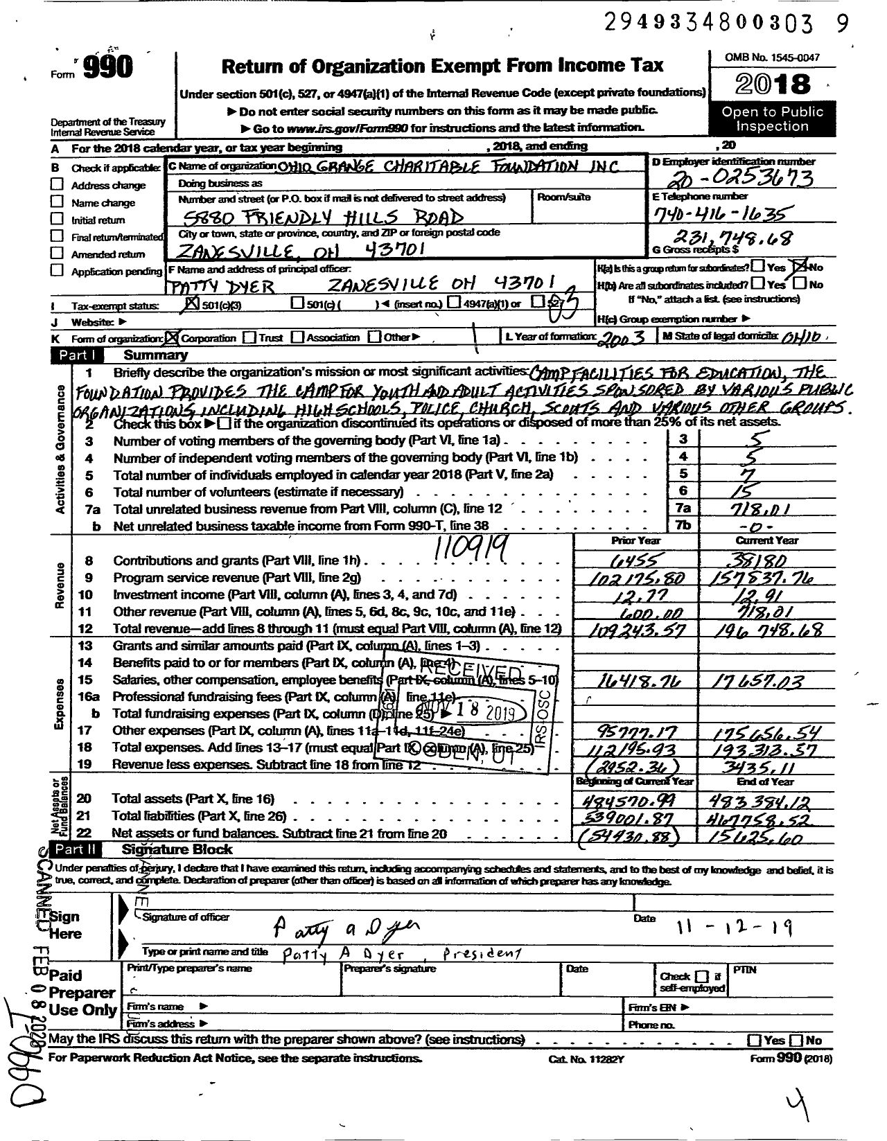 Image of first page of 2018 Form 990 for Ohio Grange Charitable Foundation