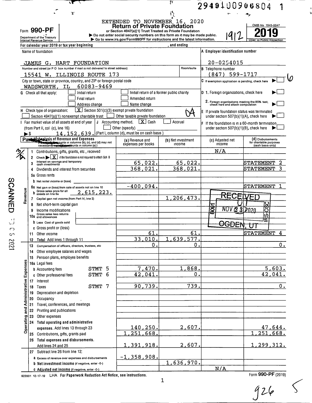 Image of first page of 2019 Form 990PF for James G Hart Foundation