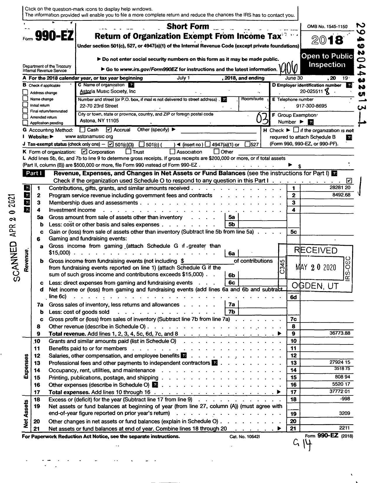 Image of first page of 2018 Form 990EZ for Astoria Music Society