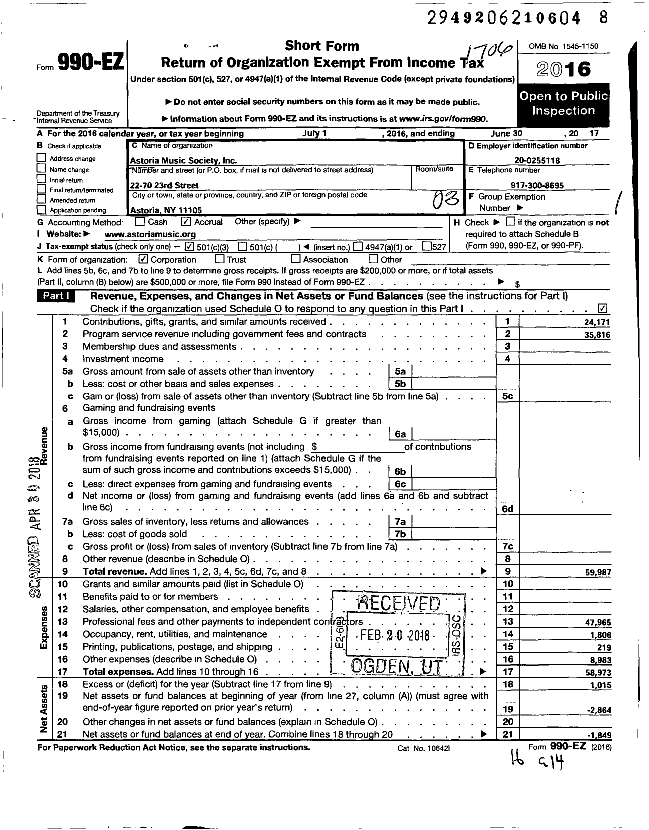 Image of first page of 2016 Form 990EZ for Astoria Music Society