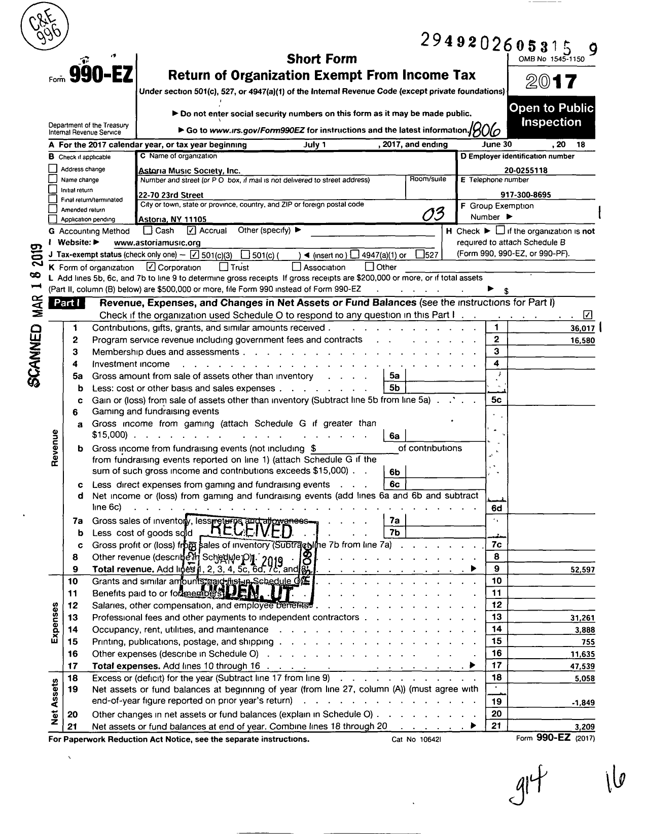 Image of first page of 2017 Form 990EZ for Astoria Music Society