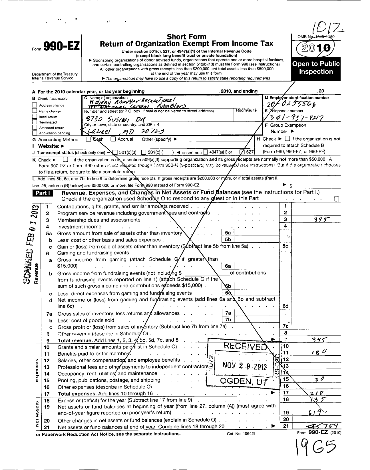 Image of first page of 2010 Form 990EO for Holiday Ramblers Recreational - 111 National Capital Ramblers