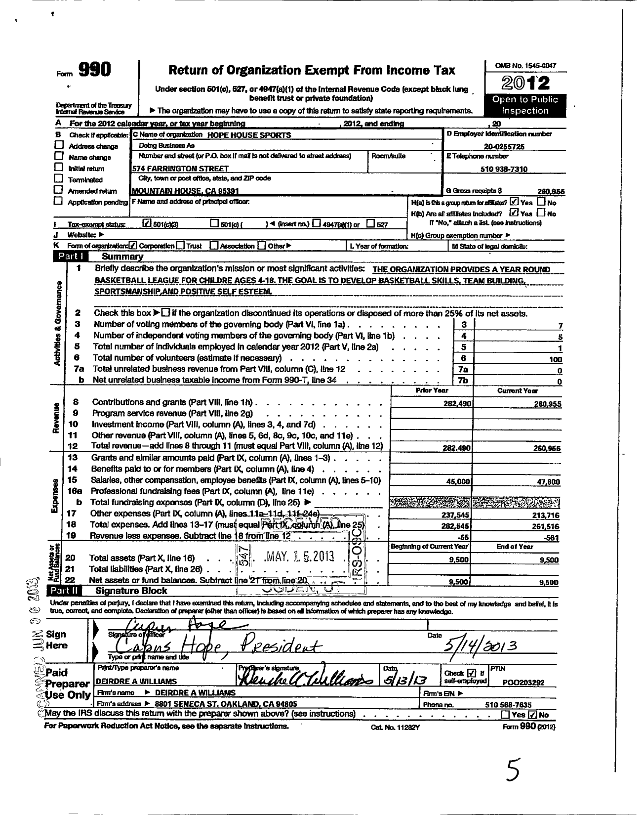 Image of first page of 2012 Form 990 for Hope House Sports