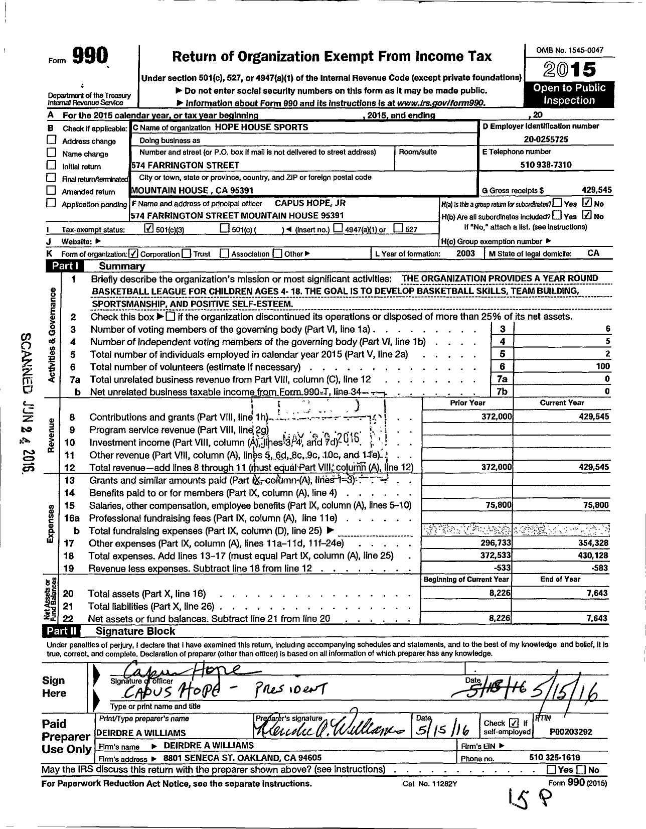 Image of first page of 2015 Form 990 for Hope House Sports